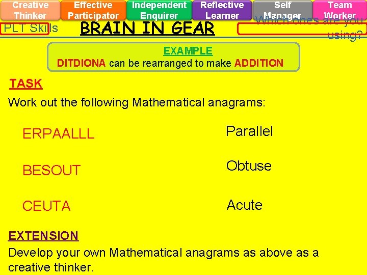 Creative Thinker Effective Participator PLT Skills Independent Enquirer Reflective Learner BRAIN IN GEAR Self
