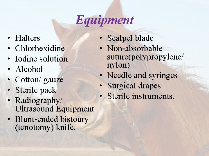 Equipment • • Halters Chlorhexidine Iodine solution Alcohol Cotton/ gauze Sterile pack Radiography/ Ultrasound