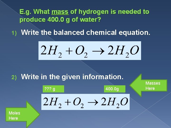 E. g. What mass of hydrogen is needed to produce 400. 0 g of