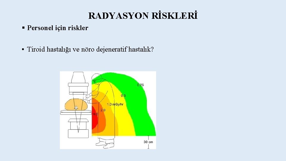 RADYASYON RİSKLERİ § Personel için riskler • Tiroid hastalığı ve nöro dejeneratif hastalık? RADYASYON RİSKLERİ § Personel için riskler • Tiroid hastalığı ve nöro dejeneratif hastalık?