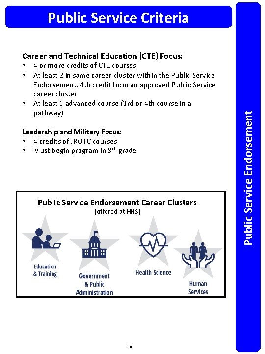 Public Service Criteria • • • 4 or more credits of CTE courses At