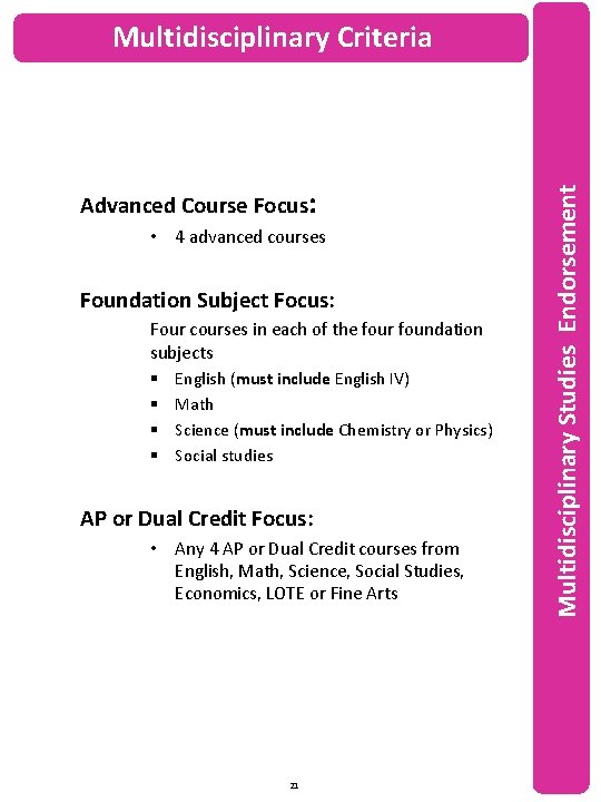 Advanced Course Focus: • 4 advanced courses Foundation Subject Focus: Four courses in each