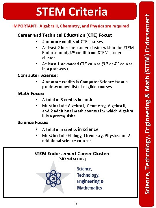 IMPORTANT: Algebra II, Chemistry, and Physics are required Career and Technical Education (CTE) Focus: