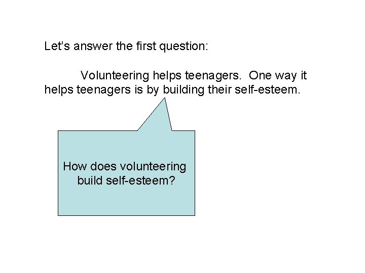 Let’s answer the first question: Volunteering helps teenagers. One way it helps teenagers is