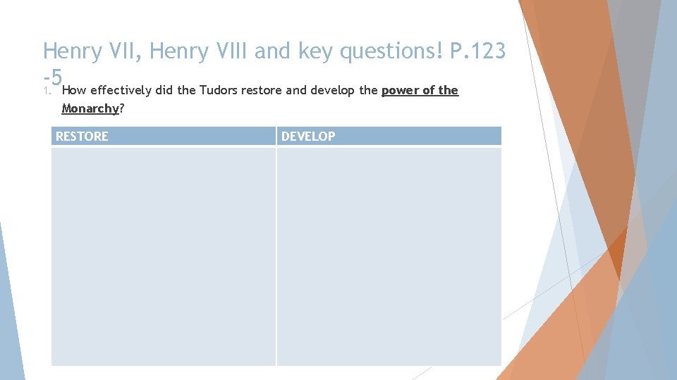 Henry VII, Henry VIII and key questions! P. 123 -5 1. How effectively did