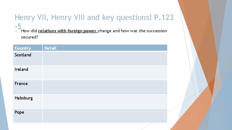 Henry VII, Henry VIII and key questions! P. 123 -5 3. How did relations