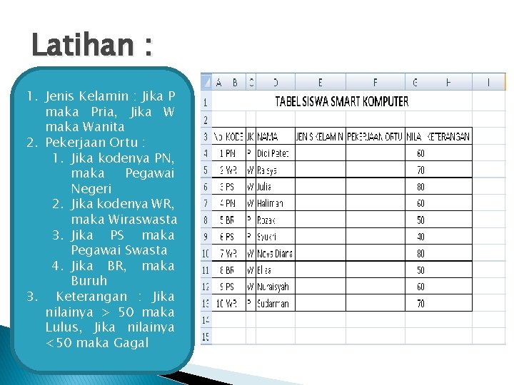 Latihan : 1. Jenis Kelamin : Jika P maka Pria, Jika W maka Wanita