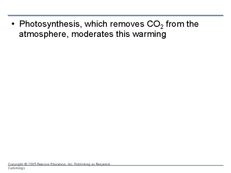  • Photosynthesis, which removes CO 2 from the atmosphere, moderates this warming 