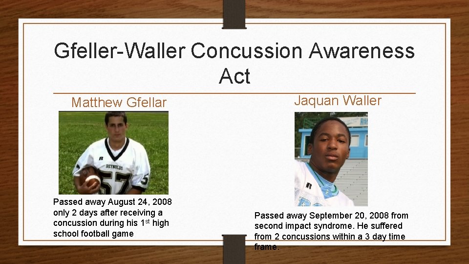 Gfeller-Waller Concussion Awareness Act Matthew Gfellar Passed away August 24, 2008 only 2 days