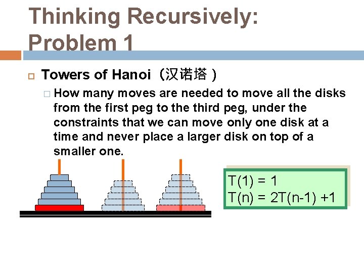 Thinking Recursively: Problem 1 Towers of Hanoi（汉诺塔） � How many moves are needed to