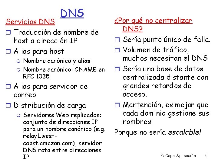 DNS Servicios DNS Traducción de nombre de host a dirección IP Alias para host