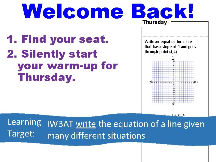 Welcome Back! Thursday 1. Find your seat. 2. Silently start your warm-up for Thursday.