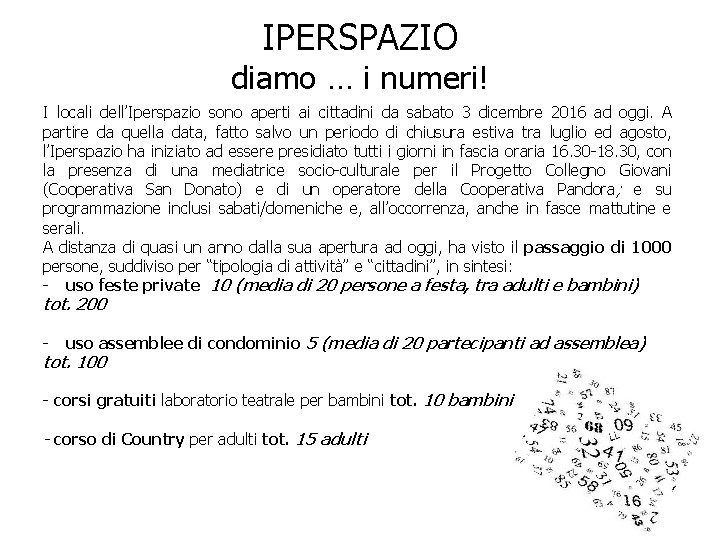 IPERSPAZIO diamo … i numeri! I locali dell’Iperspazio sono aperti ai cittadini da sabato