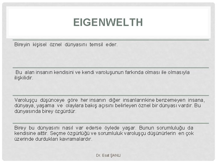 EIGENWELTH Bireyin kişisel öznel dünyasını temsil eder. Bu alan insanın kendisini ve kendi varoluşunun