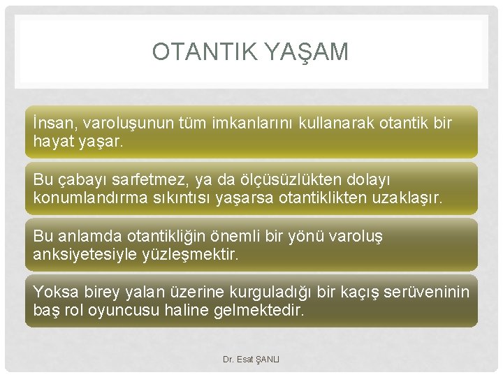 OTANTIK YAŞAM İnsan, varoluşunun tüm imkanlarını kullanarak otantik bir hayat yaşar. Bu çabayı sarfetmez,