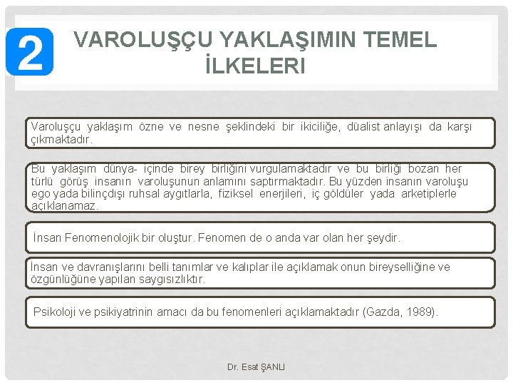 VAROLUŞÇU YAKLAŞIMIN TEMEL İLKELERI Varoluşçu yaklaşım özne ve nesne şeklindeki bir ikiciliğe, düalist anlayışı