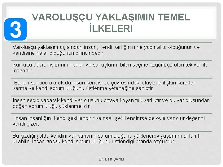 VAROLUŞÇU YAKLAŞIMIN TEMEL İLKELERI Varoluşçu yaklaşım açısından insan, kendi varlığının ne yapmakta olduğunun ve