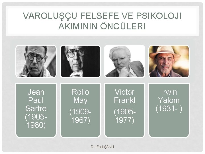 VAROLUŞÇU FELSEFE VE PSIKOLOJI AKIMININ ÖNCÜLERI Jean Paul Sartre (19051980) Rollo May (19091967) Victor