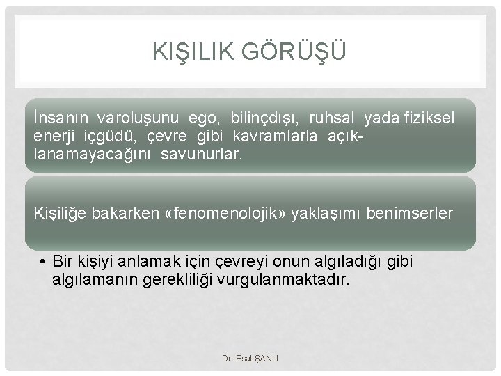 KIŞILIK GÖRÜŞÜ İnsanın varoluşunu ego, bilinçdışı, ruhsal yada fiziksel enerji içgüdü, çevre gibi kavramlarla