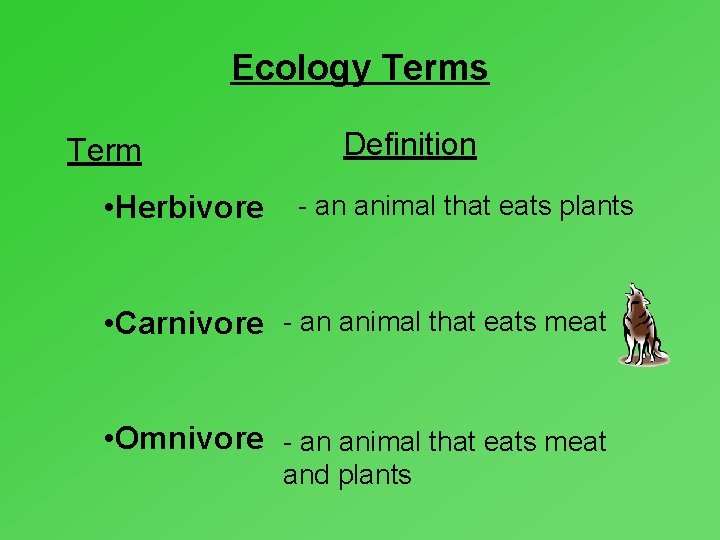 Ecology Terms Term • Herbivore Definition - an animal that eats plants • Carnivore