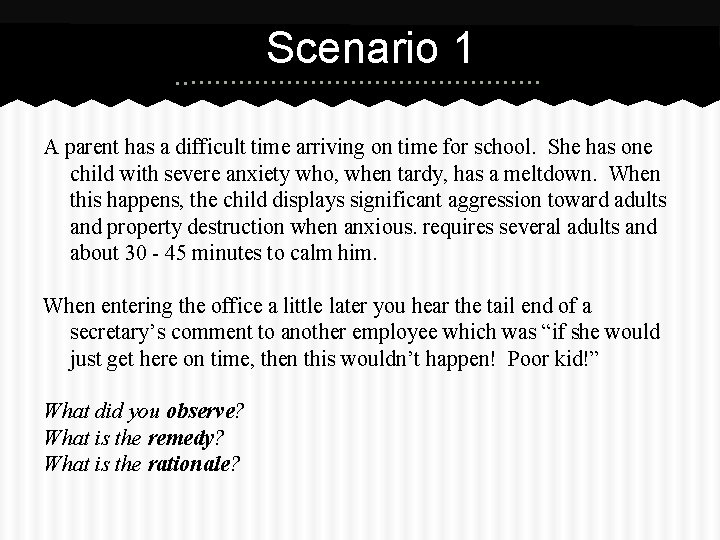 Scenario 1 A parent has a difficult time arriving on time for school. She