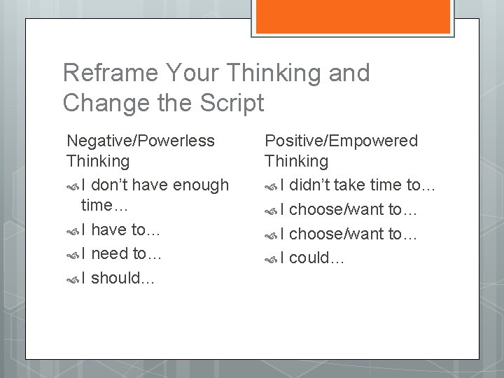 Reframe Your Thinking and Change the Script Negative/Powerless Thinking I don’t have enough time…