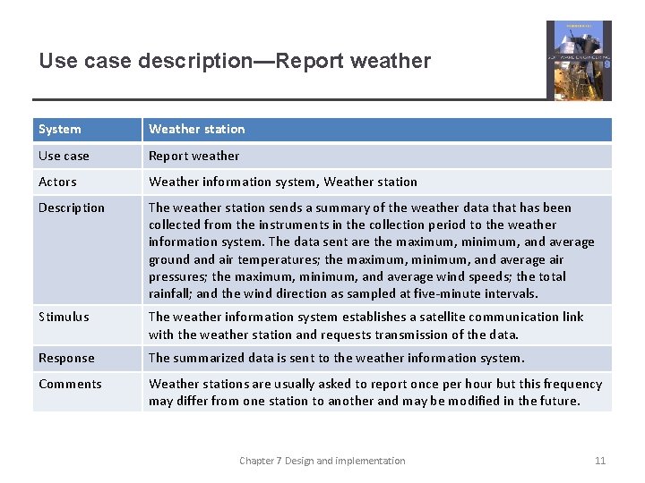 Use case description—Report weather System Weather station Use case Report weather Actors Weather information