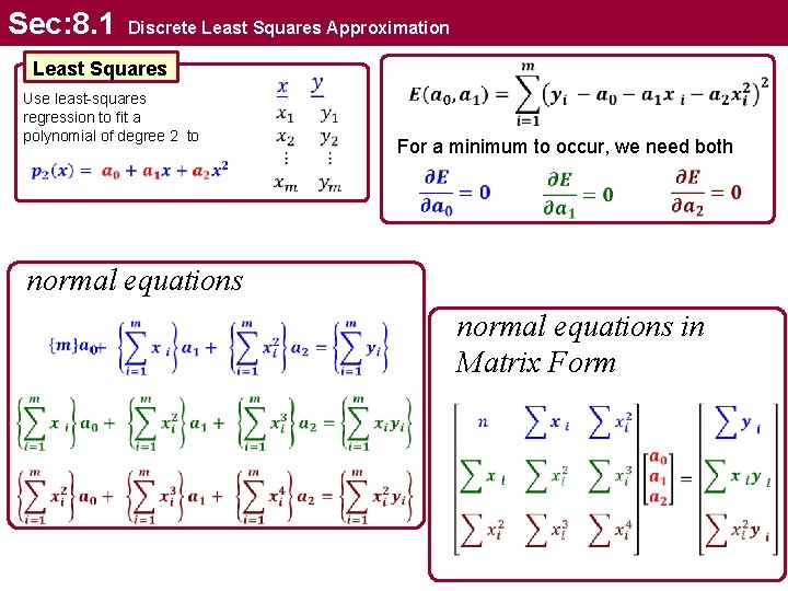 Sec: 8. 1 Discrete Least Squares Approximation Least Squares Use least-squares regression to fit