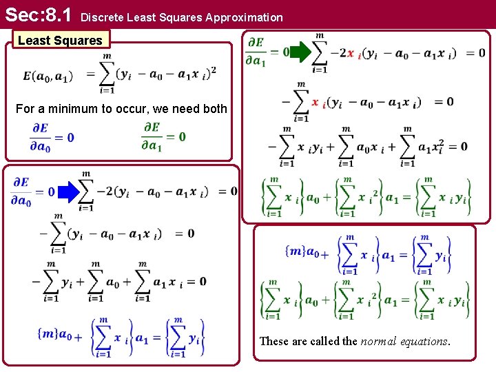 Sec: 8. 1 Discrete Least Squares Approximation Least Squares For a minimum to occur,