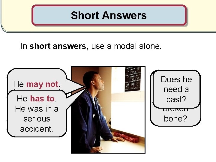 Short Answers In short answers, use a modal alone. He may not. The surgeon