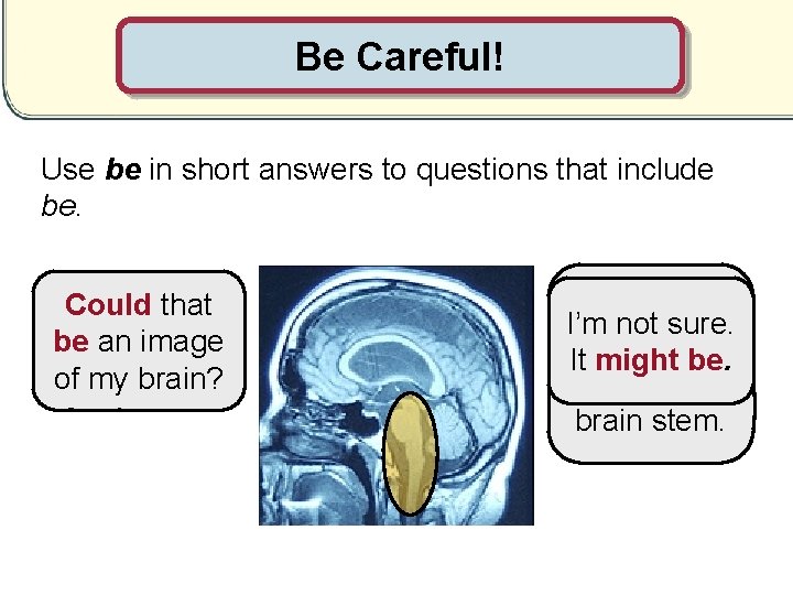 Be Careful! Use be in short answers to questions that include be. Could that