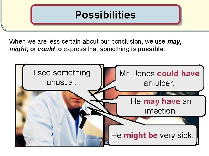 Possibilities When we are less certain about our conclusion, we use may, might, or