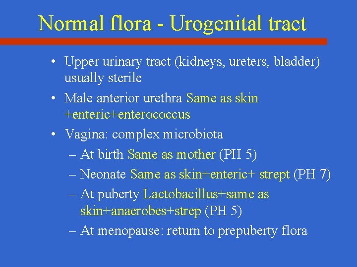 Normal flora - Urogenital tract • Upper urinary tract (kidneys, ureters, bladder) usually sterile