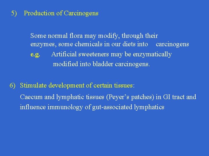 5) Production of Carcinogens Some normal flora may modify, through their enzymes, some chemicals