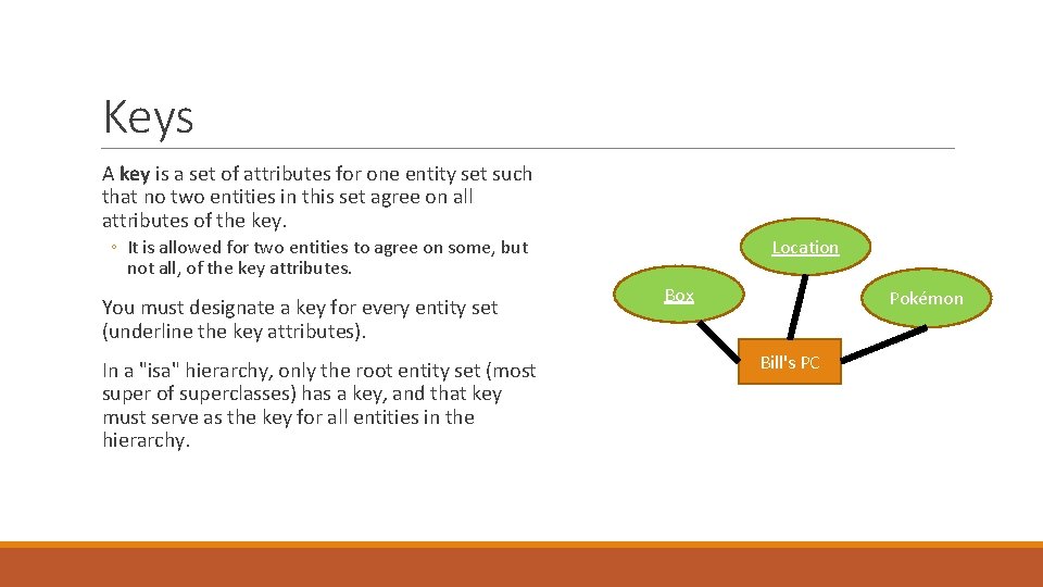 Keys A key is a set of attributes for one entity set such that