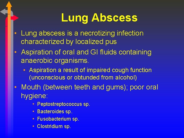 Lung Abscess • Lung abscess is a necrotizing infection characterized by localized pus •