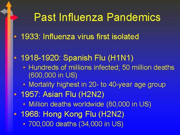 Past Influenza Pandemics • 1933: Influenza virus first isolated • 1918 -1920: Spanish Flu