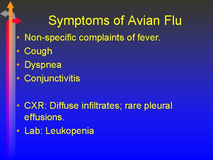 Symptoms of Avian Flu • • Non-specific complaints of fever. Cough Dyspnea Conjunctivitis •