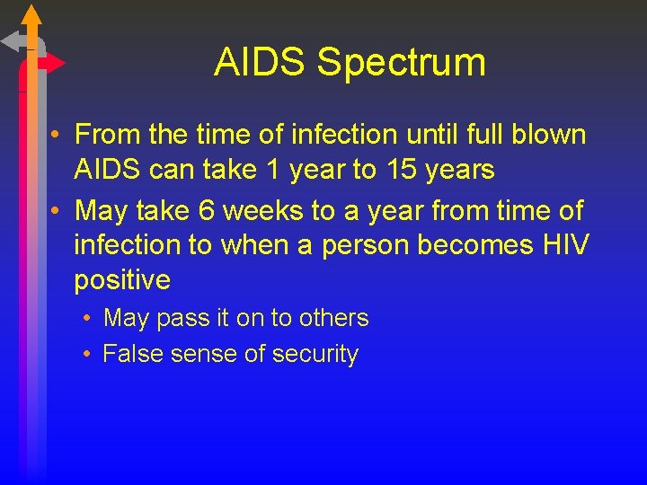 AIDS Spectrum • From the time of infection until full blown AIDS can take