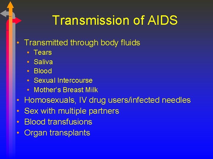 Transmission of AIDS • Transmitted through body fluids • • • Tears Saliva Blood