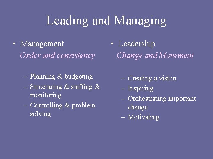 Leading and Managing • Management Order and consistency – Planning & budgeting – Structuring