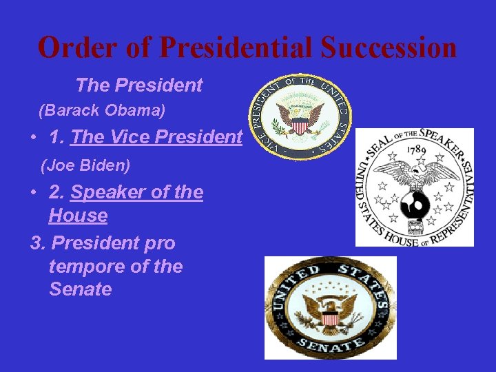 Order of Presidential Succession The President (Barack Obama) • 1. The Vice President (Joe