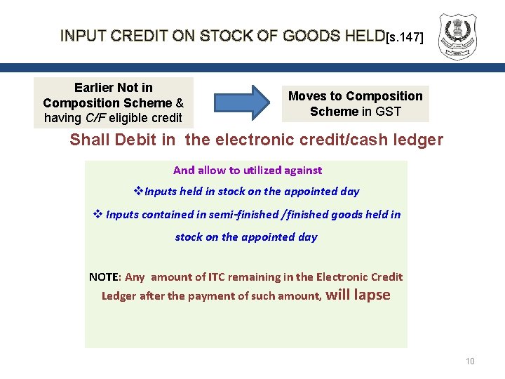 INPUT CREDIT ON STOCK OF GOODS HELD[s. 147] Earlier Not in Composition Scheme &