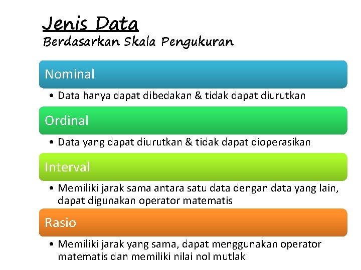 Jenis Data Berdasarkan Skala Pengukuran Nominal • Data hanya dapat dibedakan & tidak dapat