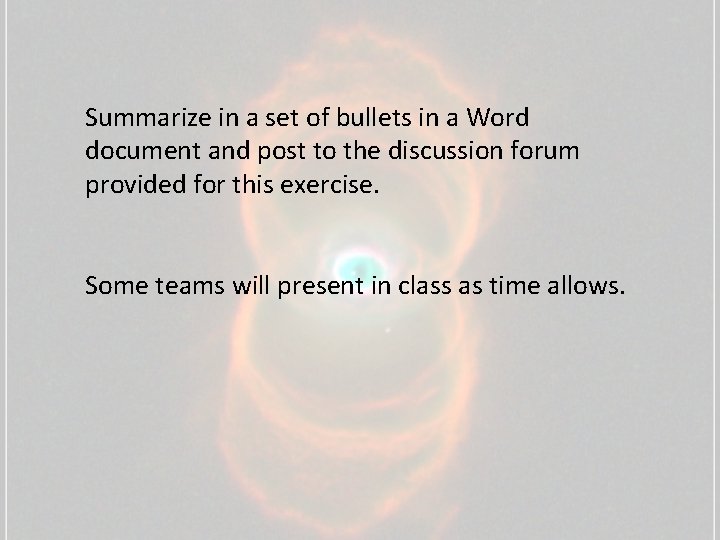 Summarize in a set of bullets in a Word document and post to the