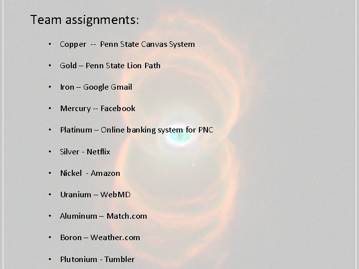 Team assignments: • Copper -- Penn State Canvas System • Gold – Penn State