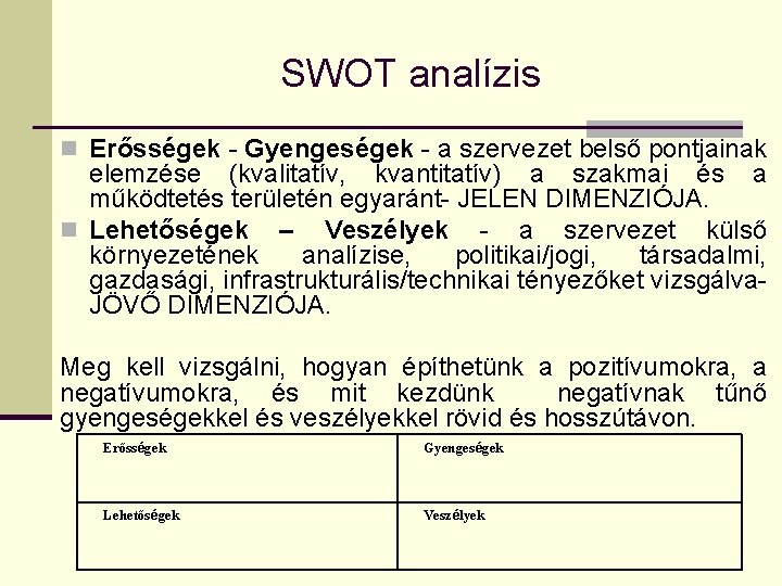 SWOT analízis n Erősségek - Gyengeségek - a szervezet belső pontjainak elemzése (kvalitatív, kvantitatív)
