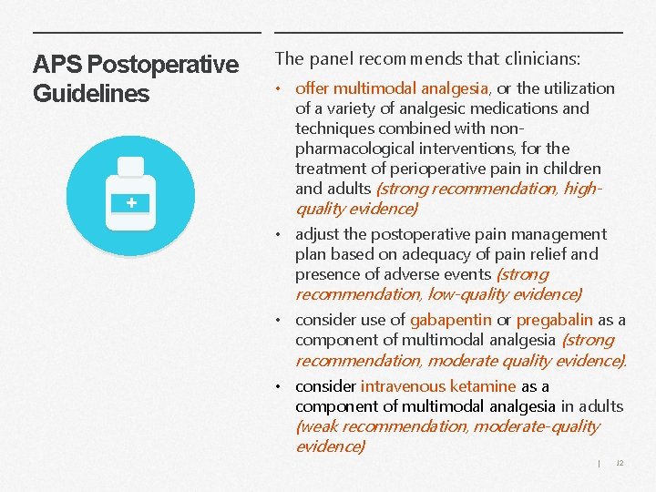 APS Postoperative Guidelines + The panel recommends that clinicians: • offer multimodal analgesia, or