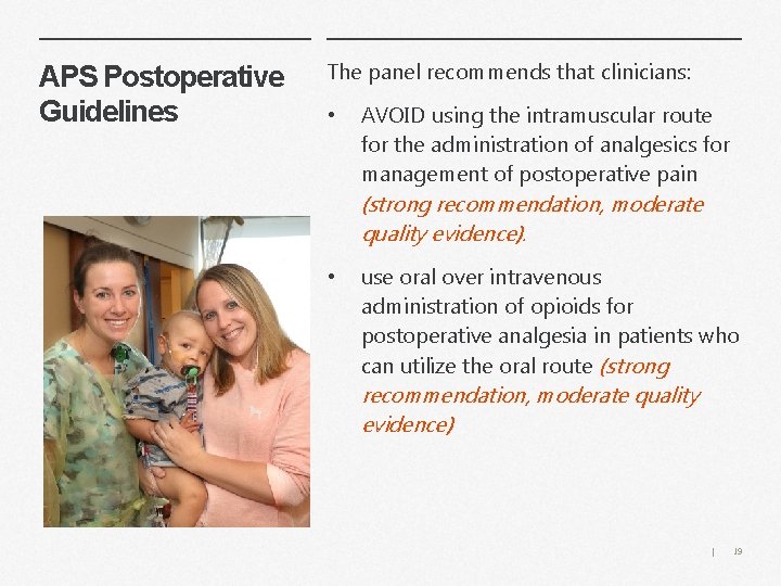 APS Postoperative Guidelines The panel recommends that clinicians: • AVOID using the intramuscular route