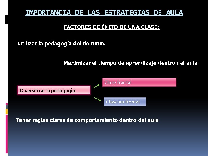 IMPORTANCIA DE LAS ESTRATEGIAS DE AULA FACTORES DE ÉXITO DE UNA CLASE: Utilizar la